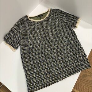 Zara multicolored tweed knit top with pearl trim M